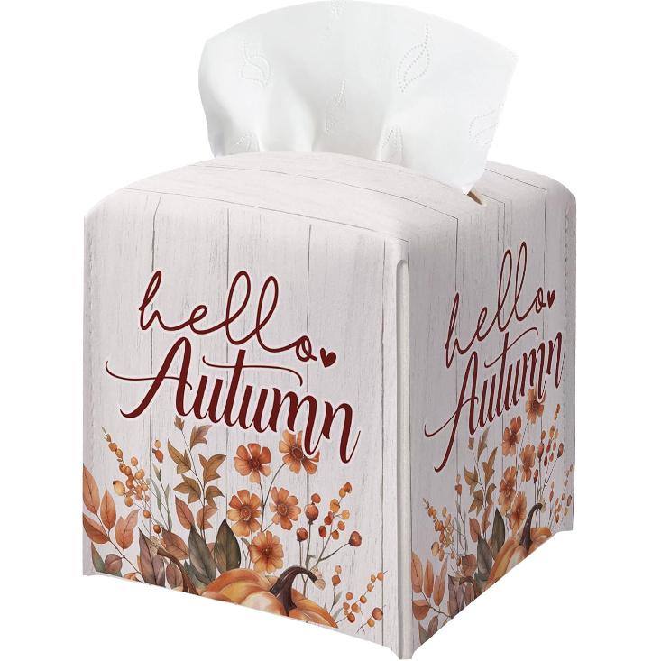 Floral Tissue Box Holder, Fall Florals Leather Tissue Box Cover Square, Autumn Facial Paper Organizer Dispenser Toilet Paper Holder for Bathroom