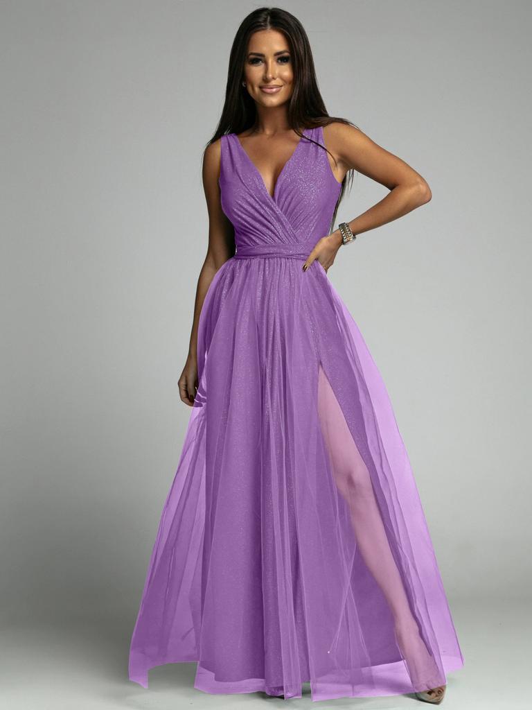 Europe and the United States Cross-border 2025 New Ma Xun Sexy V-neck Waist and Thin Split Fork Big Pendulum Shiny Dress Dress