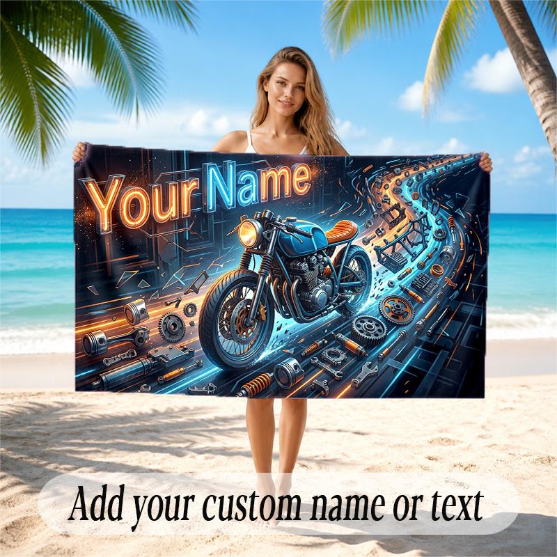 Motorcycle Biker Theme Quick Dry Beach Towel Custom Name Text Print Large Sand Resistant Towel Beach Vacation