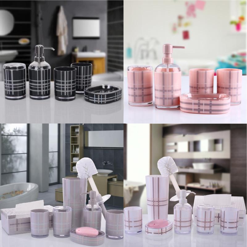 Plastic Bathroom Set With Grid Pattern Includes Soap Dispenser Shampoo Bottle And Storage Jars For Home Use