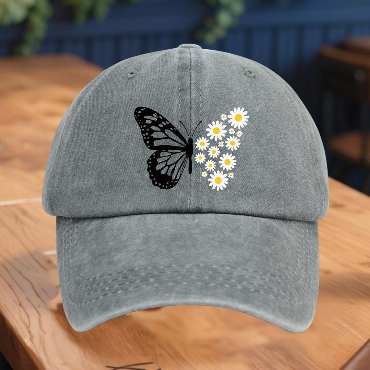 

Ladies adjustable baseball cap with butterfly and daisy floral print, soft, breathable, fashionable and casual headwear to wear Adjustable