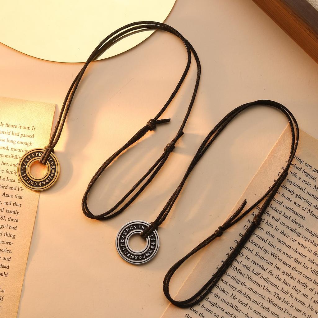Vintage Viking Rune Round Titanium Steel Pendant Necklace Roman Numeral Sweater Chain Adjustable Necklace