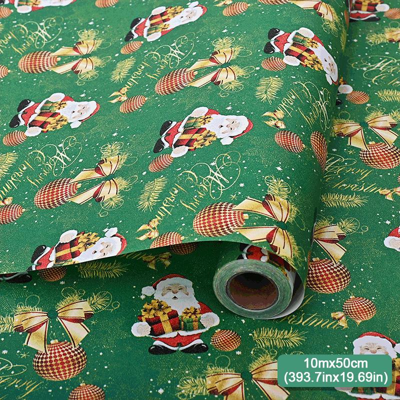 10m/roll Kraft Christmas Wrapping Paper Cartoon Santa Claus Elk Gift Box Packaging Material New Year Xmas Party DIY Decoration