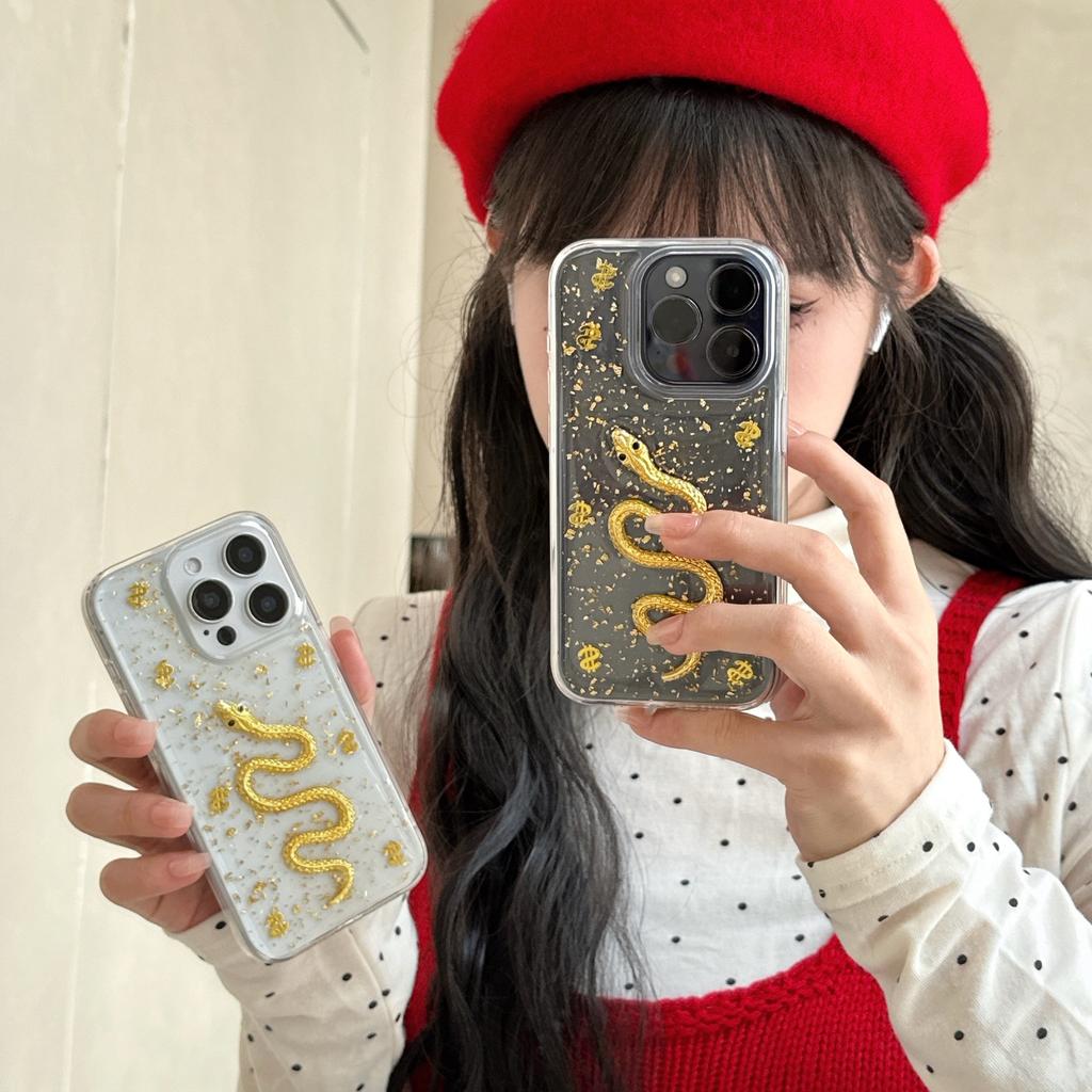 Applicable To Apple 16ProMax Golden Snake Phone Case, Apple 15 Glitter Anti-drop Protective Case 14