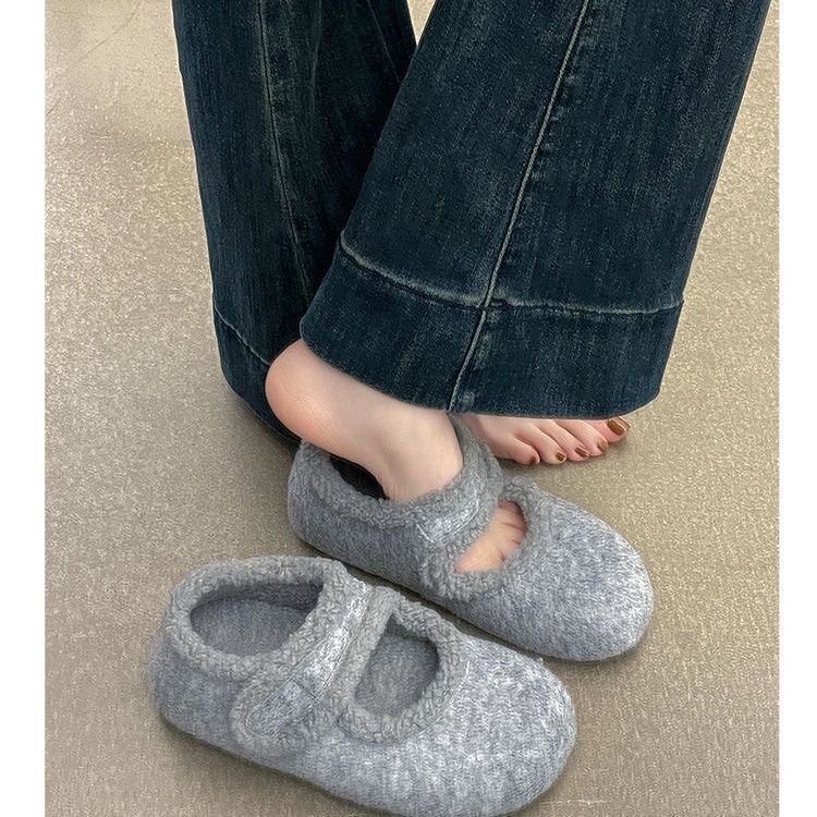 Cotton Shoes Women's Mary Jane Shoes Inner Height Increase Thick Sole Season Single Birkenstocks Elegant Women's Shoes Thin Fluffy Shoes Velvet