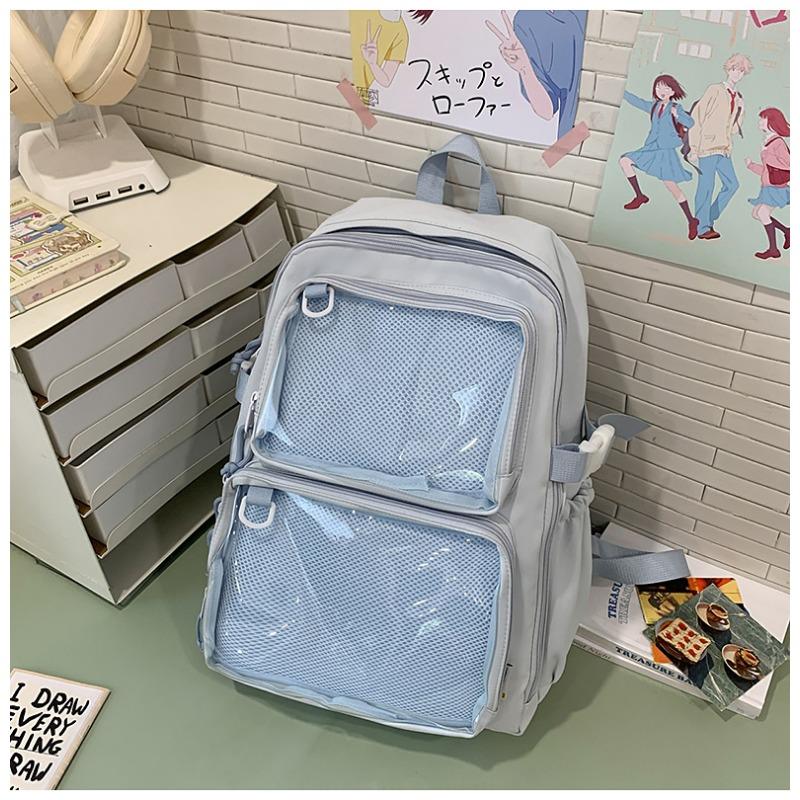 Cartoon Badge Transparent Smug Pain Bag for Female Students, Japanese-style Simple Large-capacity Backpack, Campus-style Schoolbag