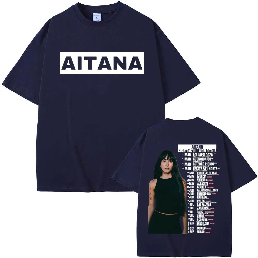 Aitana Cuarto Azul World Tour Portrait Dual-Sided Oversized T-Shirt Spanish Pop Singer Merch Fan Casual Streetwear Unisex Black T-shirt