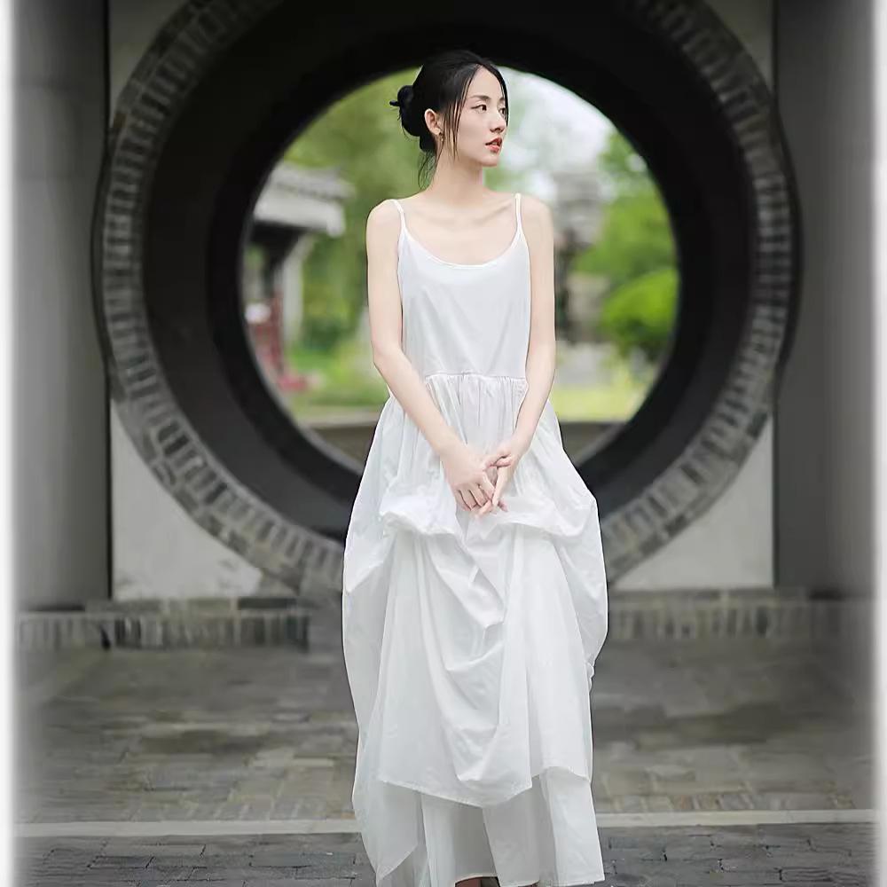 Homemade dark and cool wind suspender skirt cotton drawstring adjustable design dress color thin suspender skirt