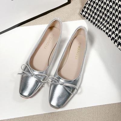 Chaussures plates tendance pour femmes avec nœud argenté, bout carré, soirée, été 2024, style coréen, décontracté, marque de luxe, L