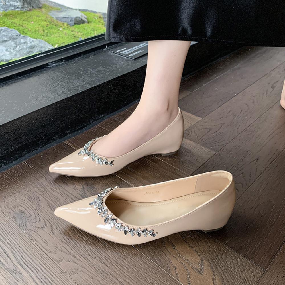 Rhinestone Ladies Pointed Toe Flat Soft Sole French Style Heightened Shallow Mouth Elegant Single Shoes