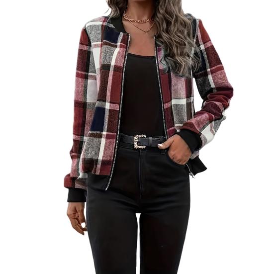Women Jacket Stand Collar Long Sleeve Zipper Closure Short Jacket Plaid Print Ribbed Hem Cuff Casual Coat Daily Wear