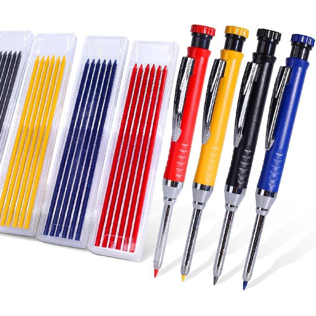 4 Pack Carpenter Pencil with Sharpener, Mechanical Pencils Set with 28 Refills, Construction Pencil Heavy Duty Woodworking Pencils (Red, Black,