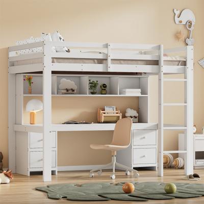 Bunk Bed Four Drawers Ample Storage Space High Railing Stable Stairs Bottom Table Sleep Pine Kids Bedroom Bed with Study Desk Bedroom Furniture