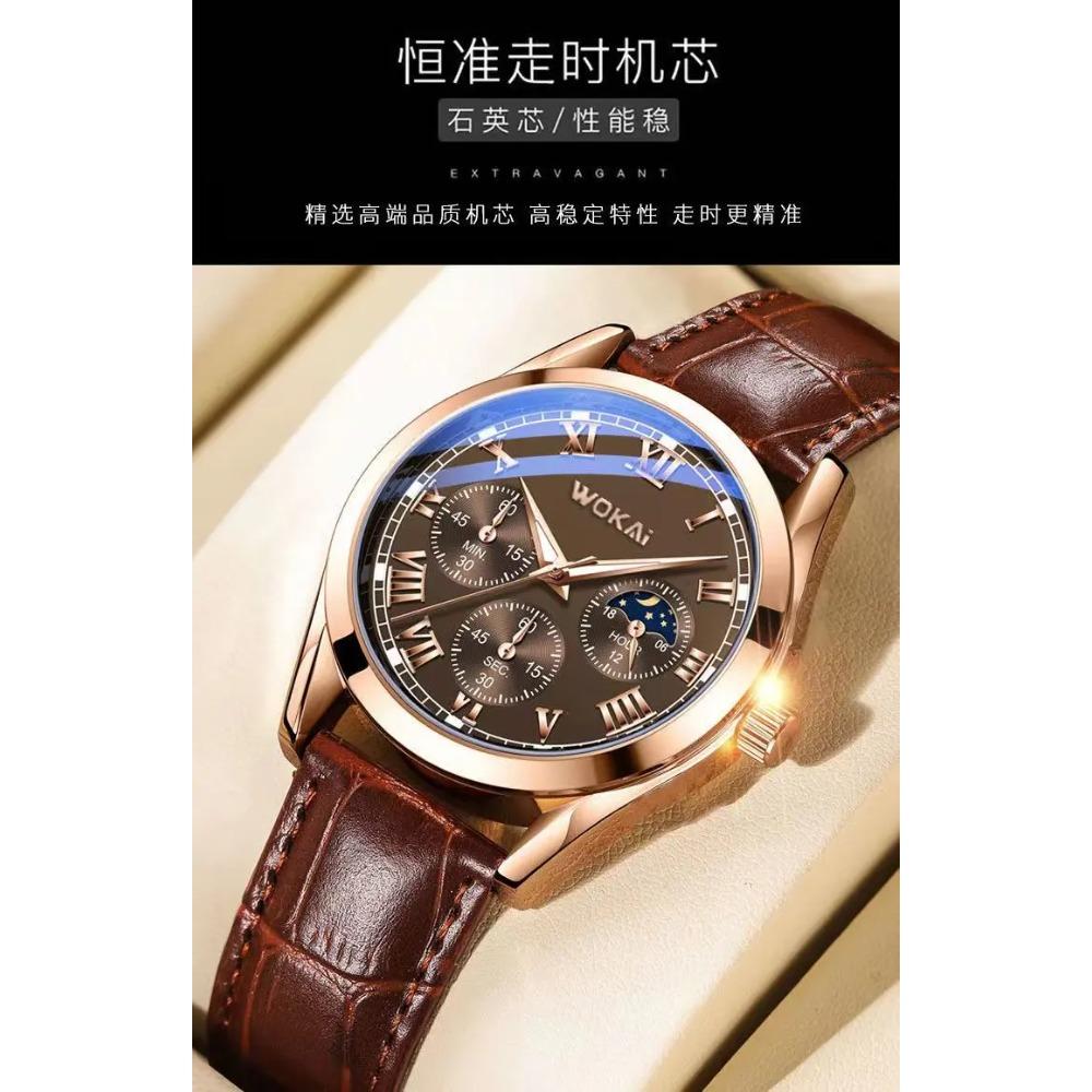 Orologio al Quarzo Moda Business con Quadrante Romano a Tre Occhi e Cinturino in Bambù