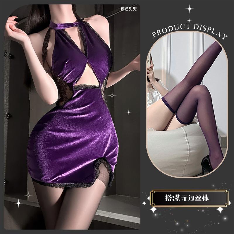 Sexy underwear sexy hot lace splicing velvet temperament gathering and thin purple classical neck cheongsam