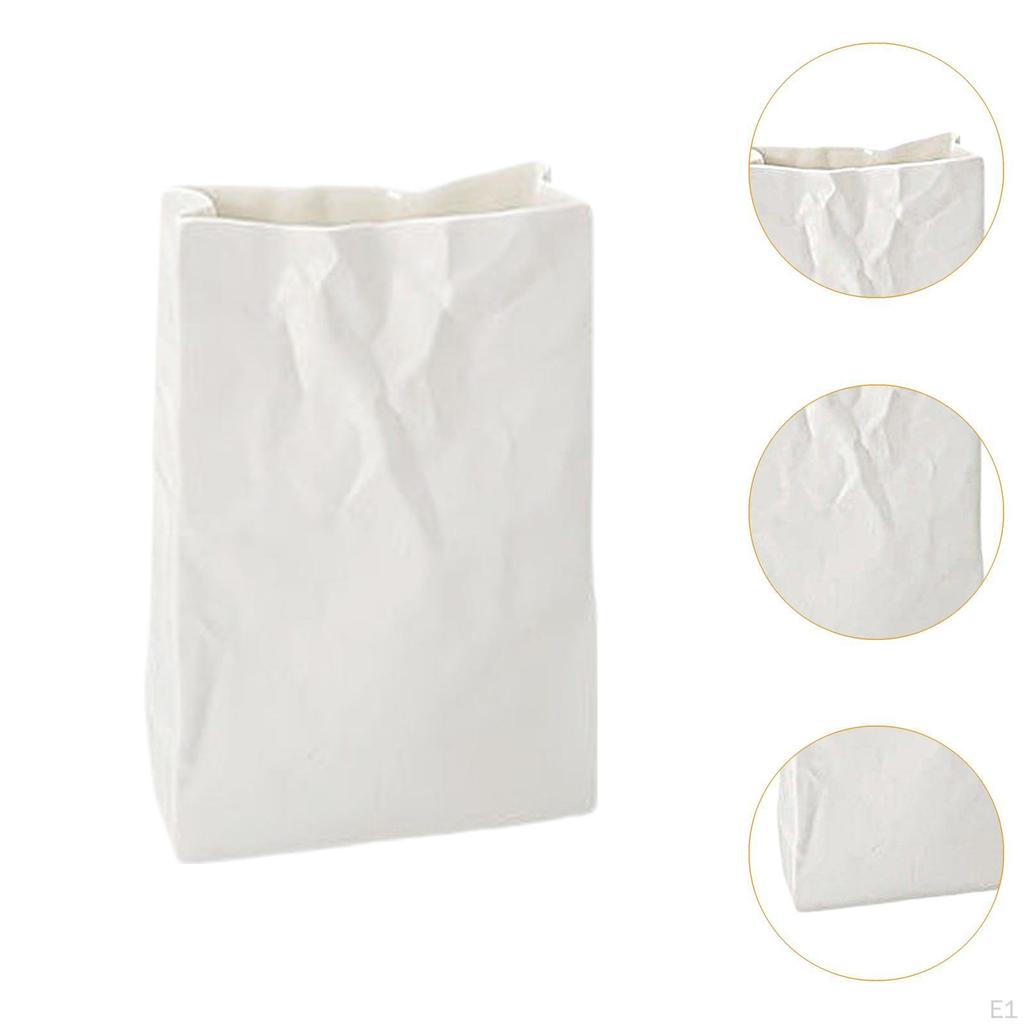 White Crinkle Paper Bag Ceramic Vase 7.6inch Tall Flower Arrangement Container Tabletop Decoration
