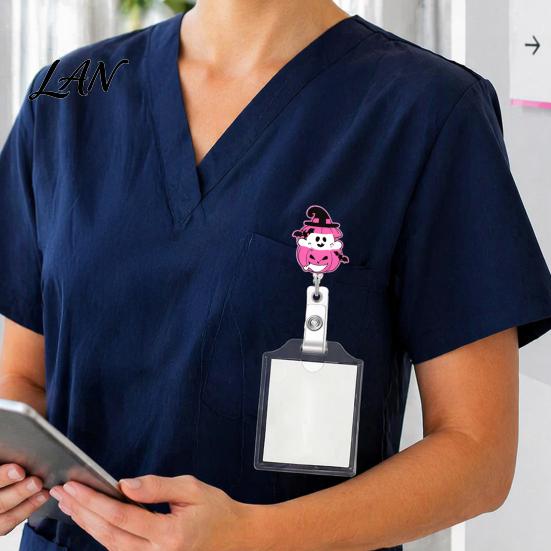 Teacher Badge Reel Retractable Holder, Halloween Glitter Acrylic Reel, Cute Ghost ID Card Pumpkin Holder for Nurse Doctor Worker