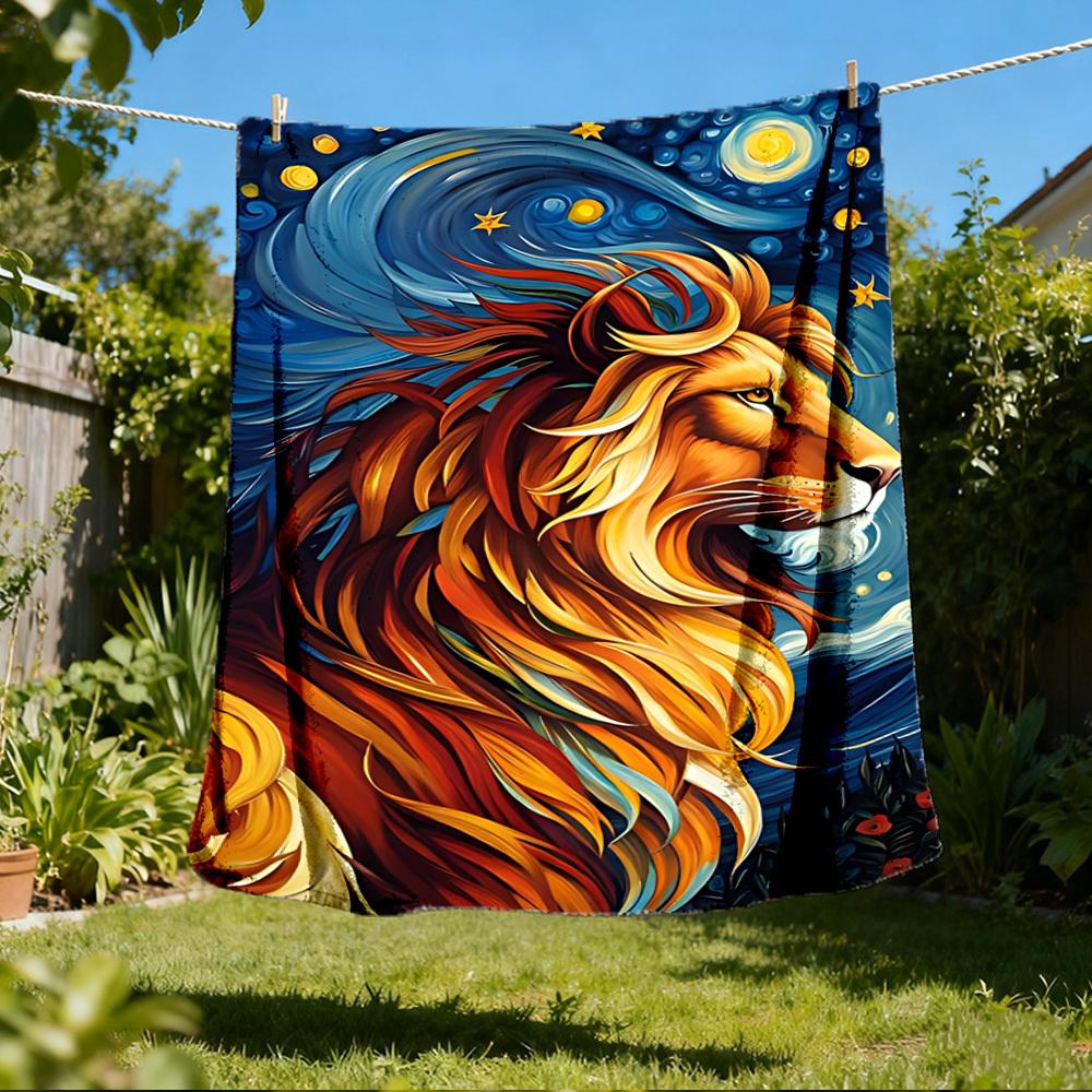1pc Lion Night Sky Throw Blanket Polyester Fiber, Lightweight Flannel, Soft & Warm, All Season Use for Outdoor, Camping Digital Print