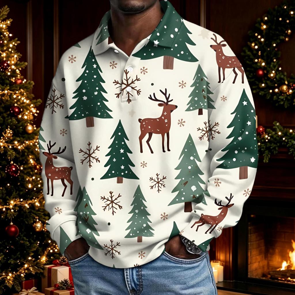 Men's Christmas Long Sleeve Button Up Shirt Casual Holiday Top