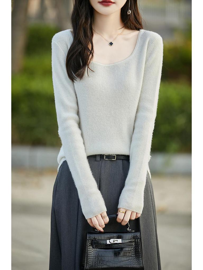 Slim Fit U-Neck Cashmere Sweater: Women's Elegant Spring/Autumn Knitwear Pullover