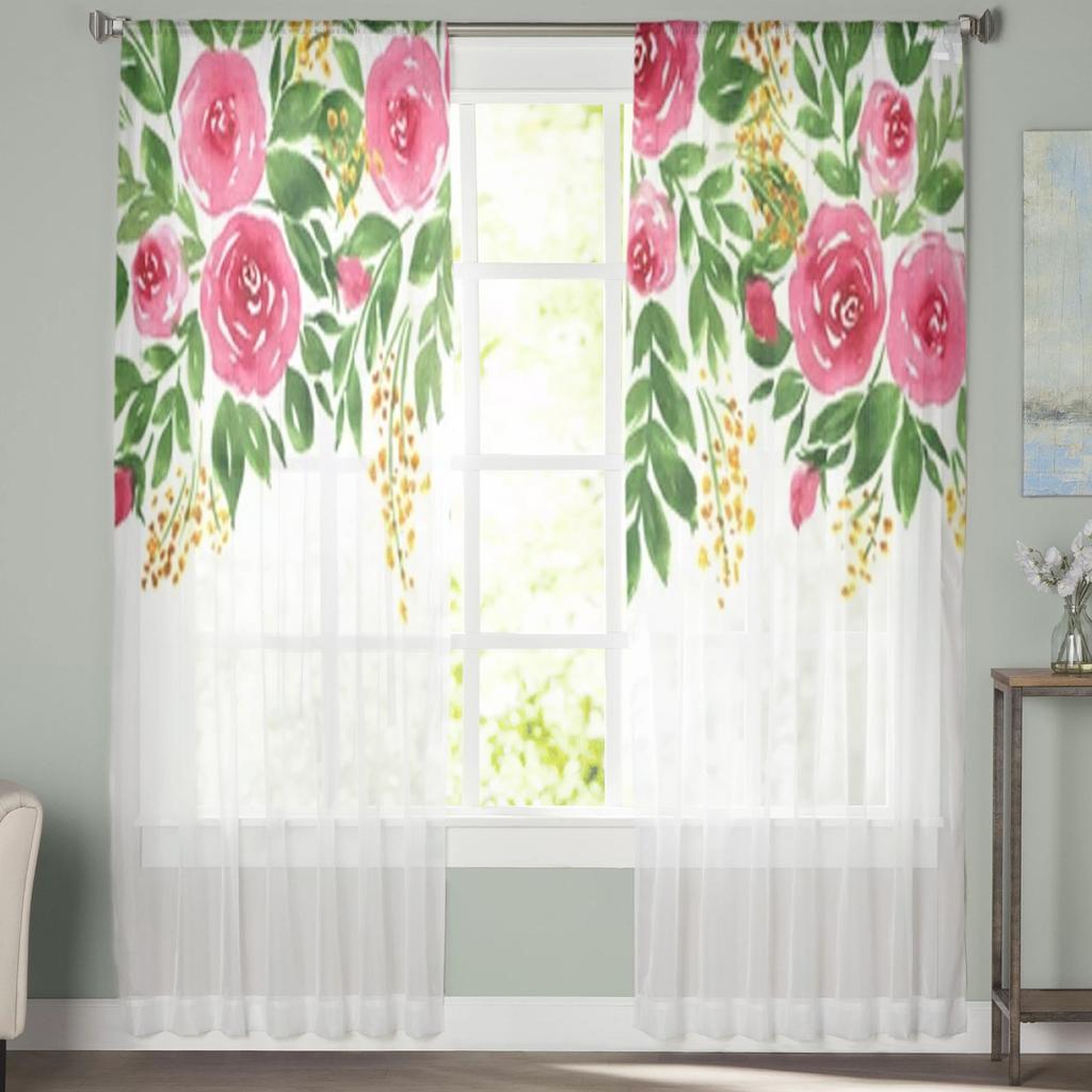 Watercolor Rose Flowers Sheer Curtains Bedroom Voile Curtain Living Room Window Sheer Curtains Kitchen Tulle Drapes