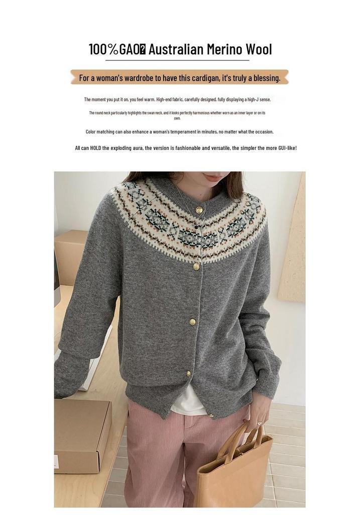 Women's Retro Color Block 100% Wool Cardigan - Round Neck Knit Jacquard Sweater for Autumn & Winter