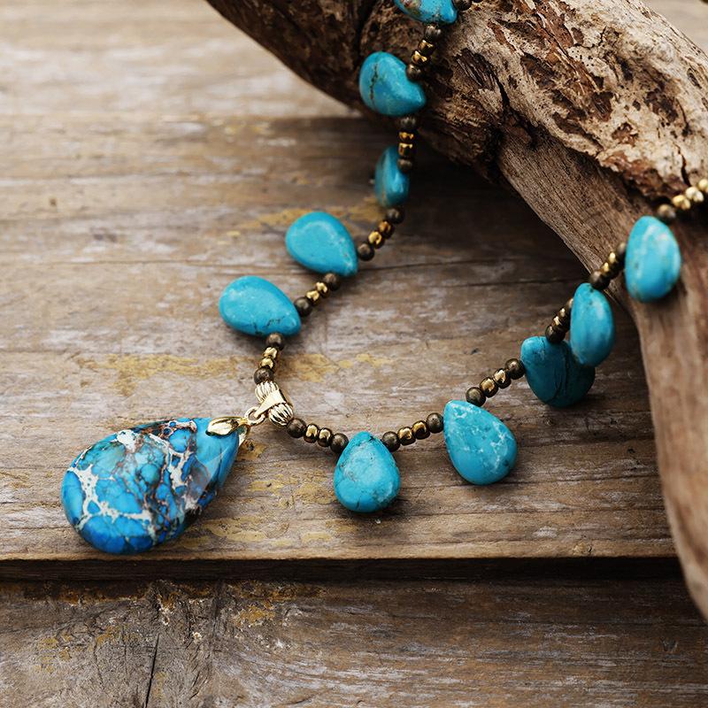 Luxury High Quality European and American Natural Turquoise Fashion Vintage Bohemian Water Drop Pendant Rice Bead Necklace, Jewelry