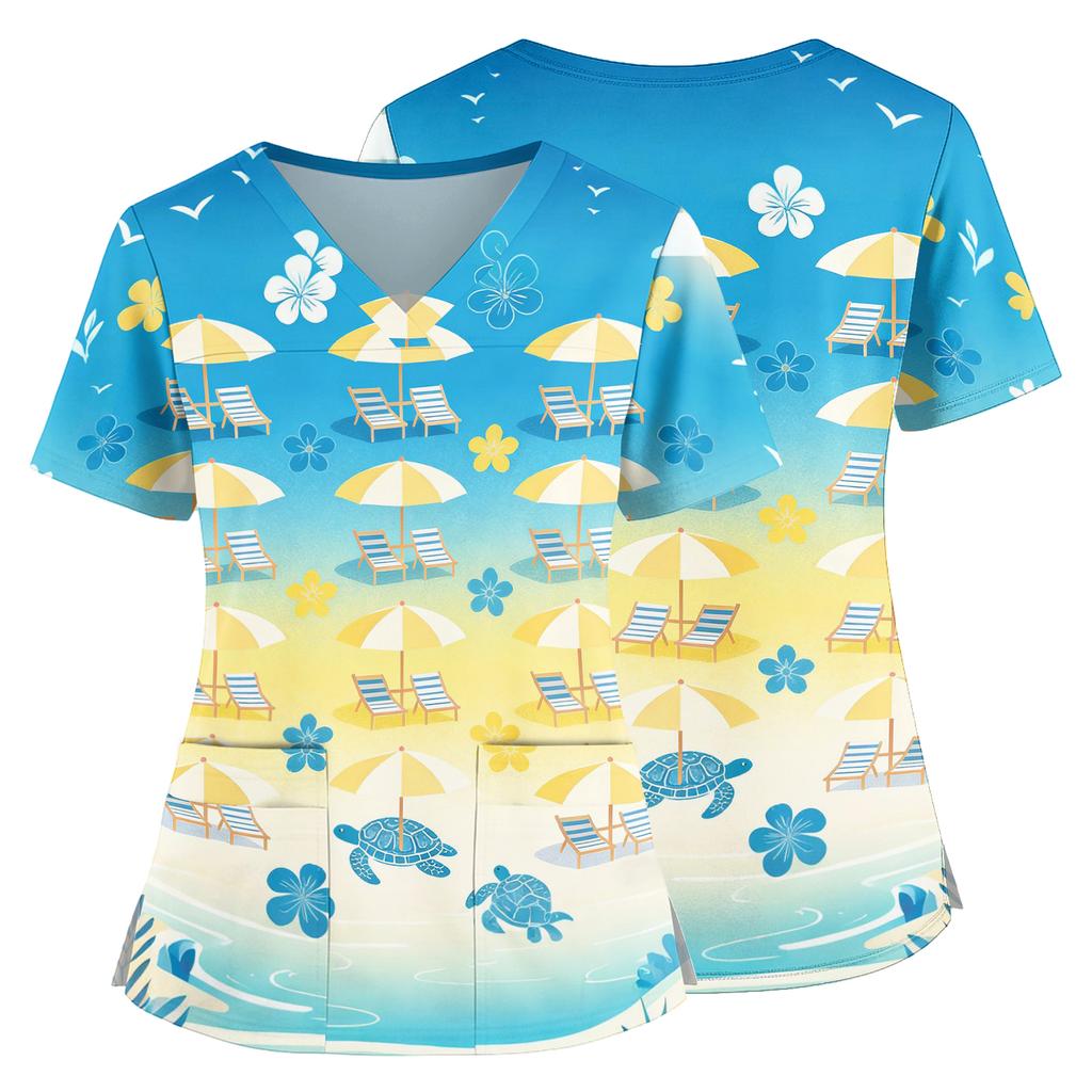 Women's V Neck Medical Scrub Top Hawaiian Print Short Sleeve Side Slit Pockets Nurse Uniform Shirt Lightweight Breathable Fabric