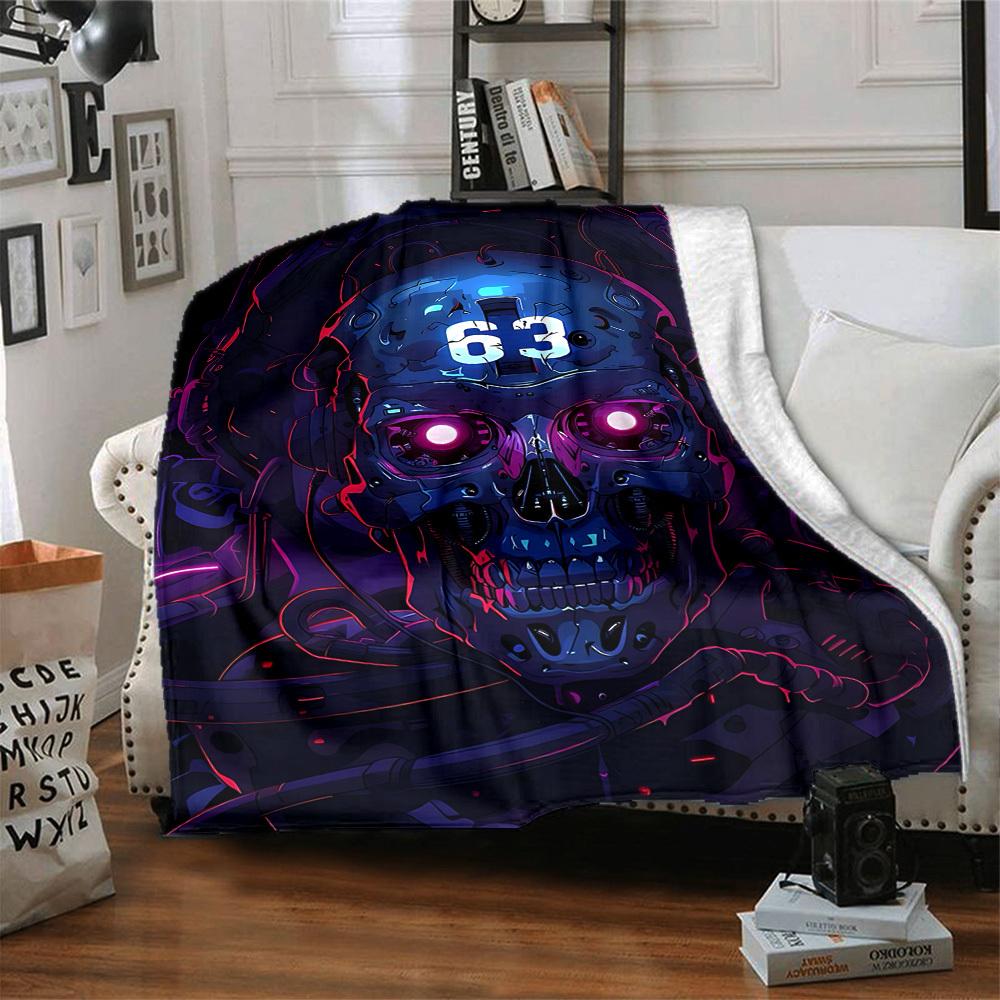 1pc Cyberpunk Skull Blanket, Lightweight Flannel Throw Blanket for Sofa, Bed, Travel, Camping, Living Room, Office, Couch, Chair, and Bed