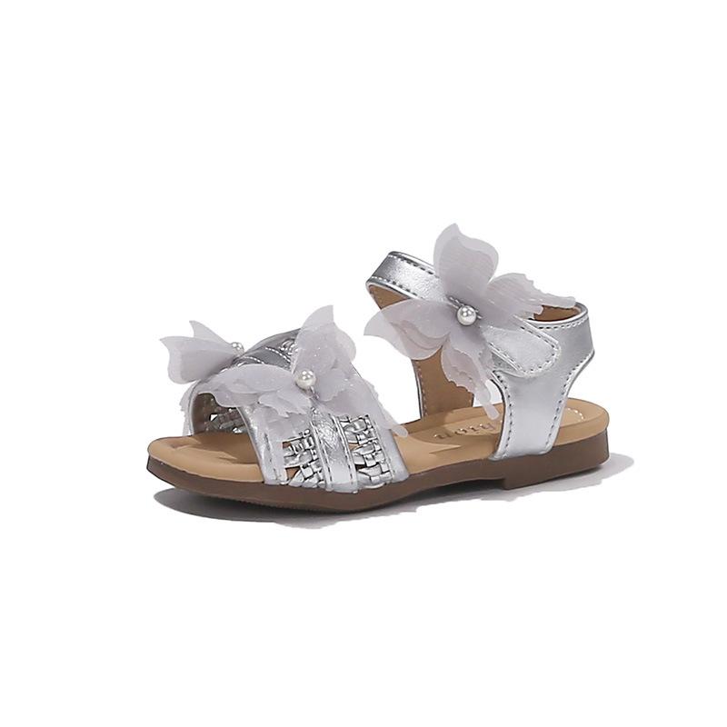 Summer New Girls Open Toe Sandals Baby Butterfly Soft Sole Casual Shoes Toddler Flat Fashion Sandals size 23 серебряный