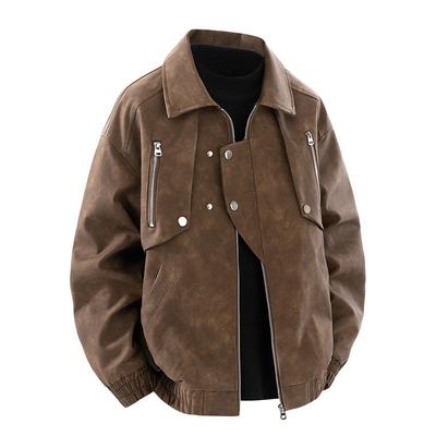 Leather Jacket Men's Autumn and Winter New Trendy Versatile Fashion Zipper Lapel Retro Tie-dye Jacket Top