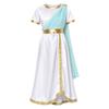 Kids Girls Ancient Greek Toga Costume Draped Shawl Satin Robe Short Sleeve Metallic Waist Embroidered Trim for Halloween Cosplay