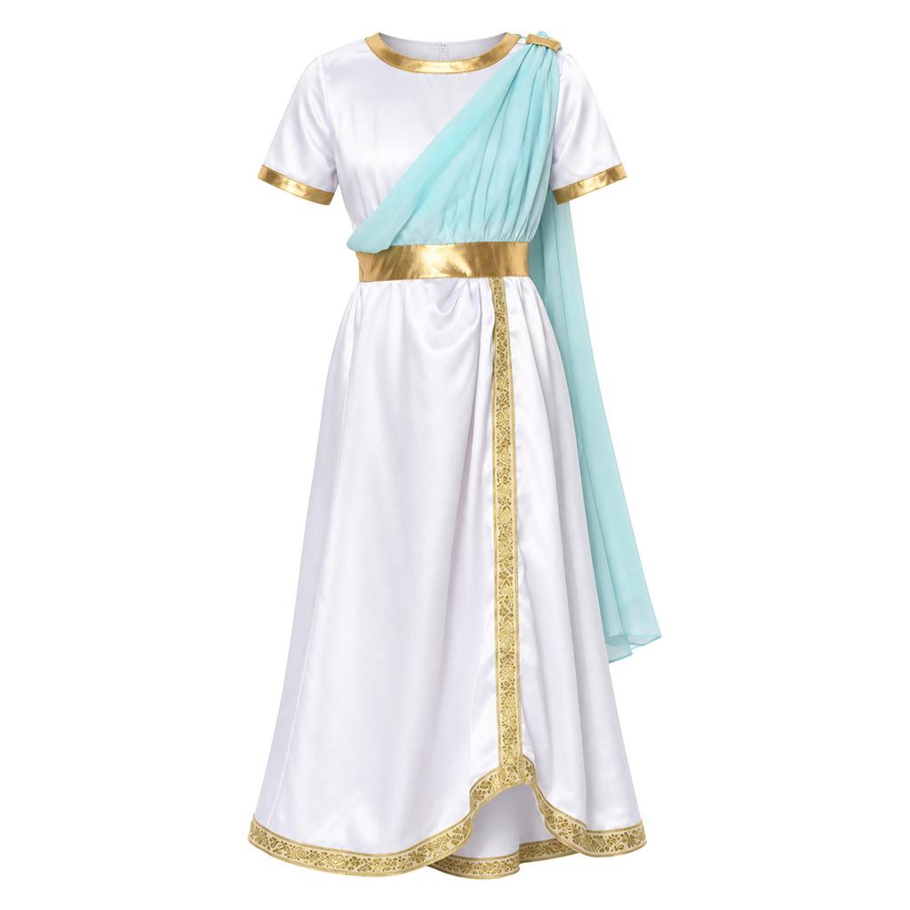 Kids Girls Ancient Greek Toga Costume Draped Shawl Satin Robe Short Sleeve Metallic Waist Embroidered Trim for Halloween Cosplay