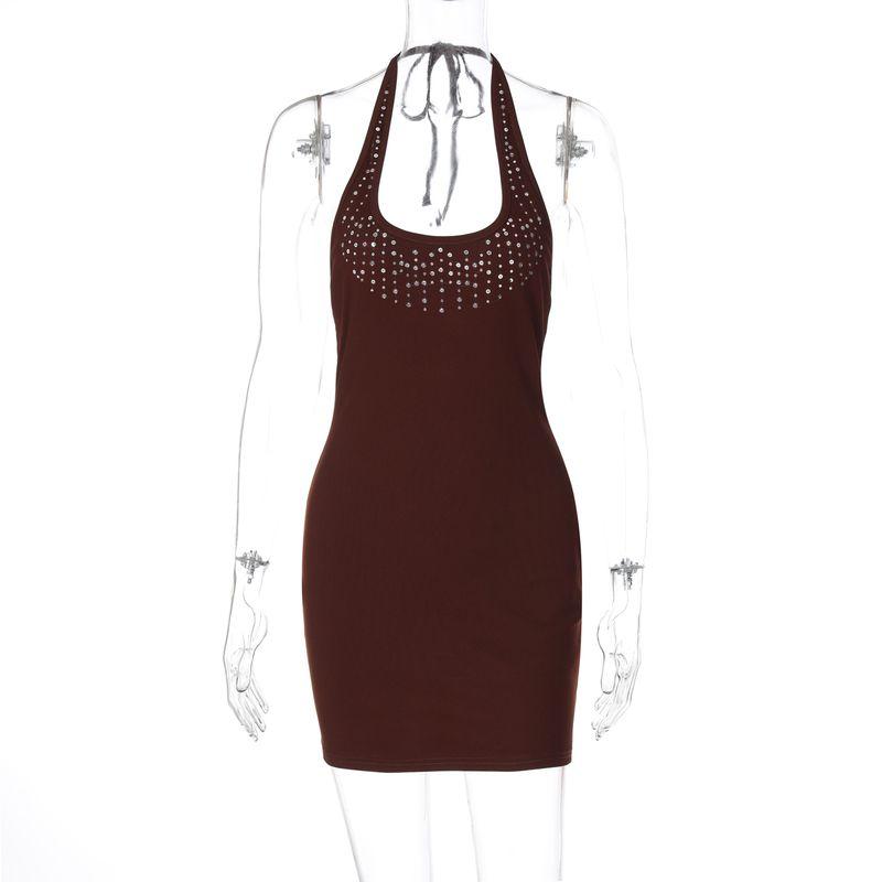 

Shemoda Fashion Wind Reflective Sequin Patchwork round Neck Backless Lace up Halterneck Dress Silm Bodycon Dress Women Brown S