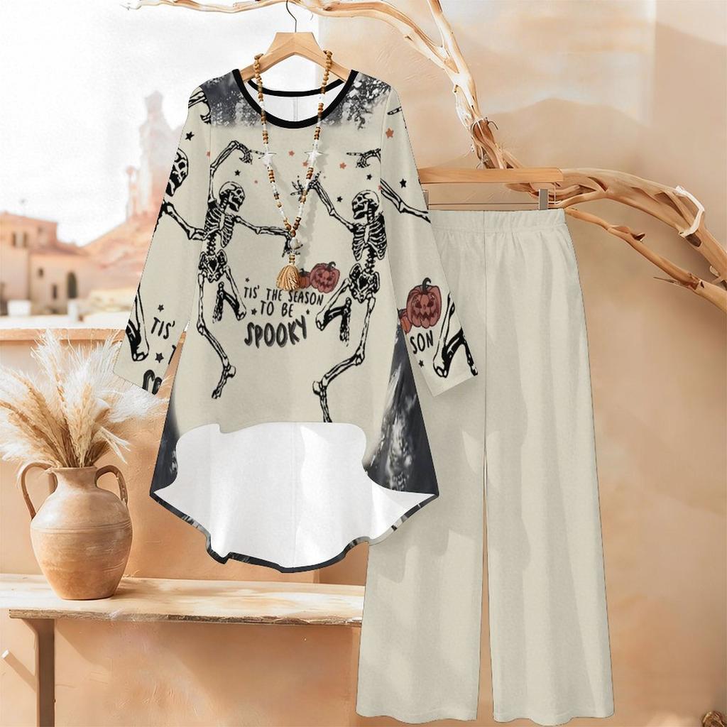 Halloween Print Two Piece Outfit Women Long Sleeve Irregular Hem Tunic Top Wide Leg Pants Casual Matching Set