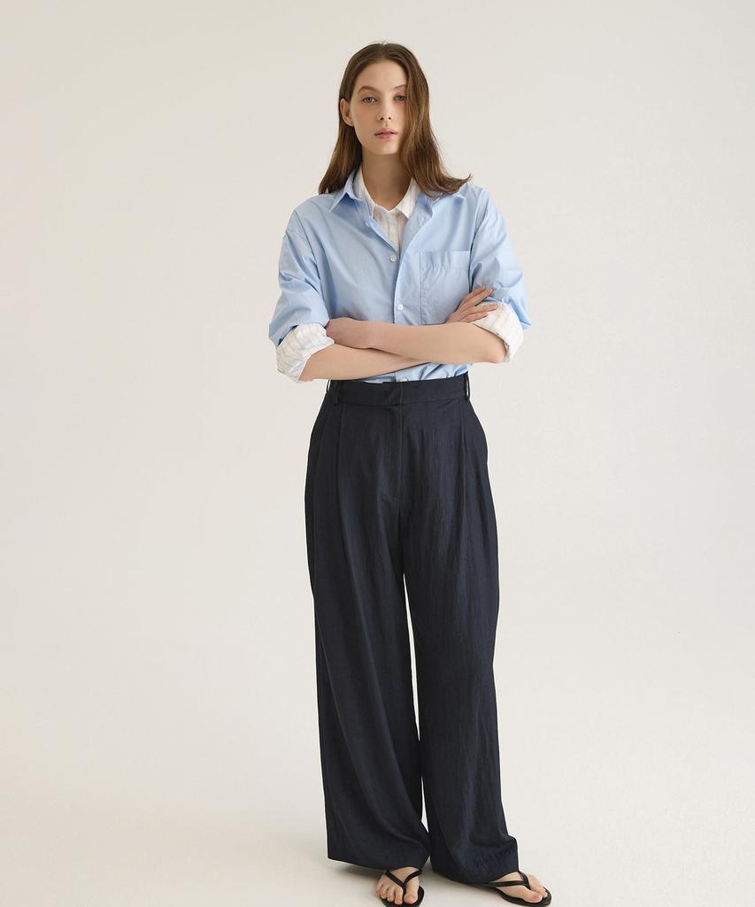 Oteumilkape Mid-Rise Pleated Wide Pants - Navy