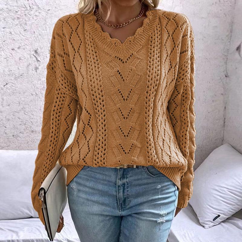 Women's Knit Hollow V-neck Long Sleeve Pullover Sweater