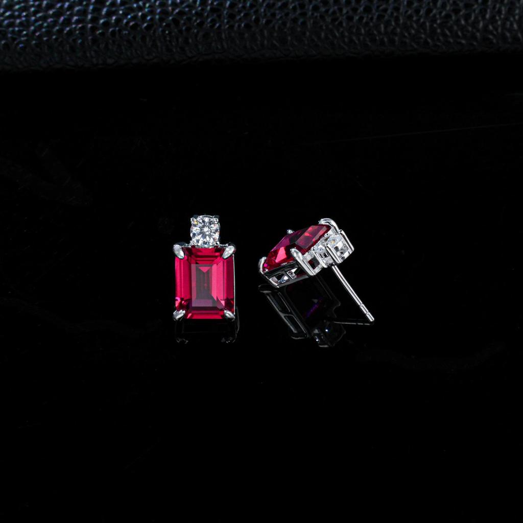 Sterling Silver Ruby Stud Earrings - Emerald Cut Gemstone for Dates, Anniversaries, Business
