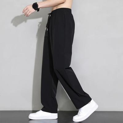 Herren Anzughose aus Eisseide, gerade, dünne Seitentaschen, Kordelzug, elastische Taille, einfarbig, schnelltrocknend, für Fitnessstudio, Training, Jogging, lange Hose