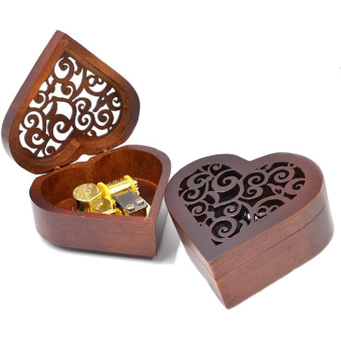 FnLy Antique Engraved Wooden Wind-Up Musical Box,Love Story Musical Box,with Gold-Plating Movement in,Heart-Shaped