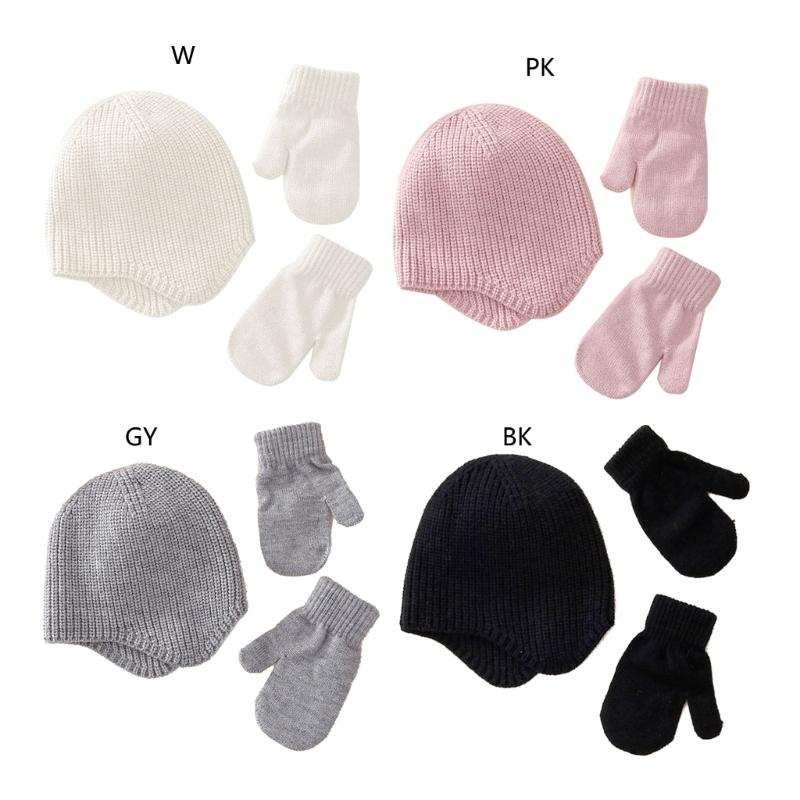 Solid Color Newborn Beanie Hat Mitten Set Warm Knitted Cap Hospital Hat for Toddler Girls Boys Ears Protections Hat