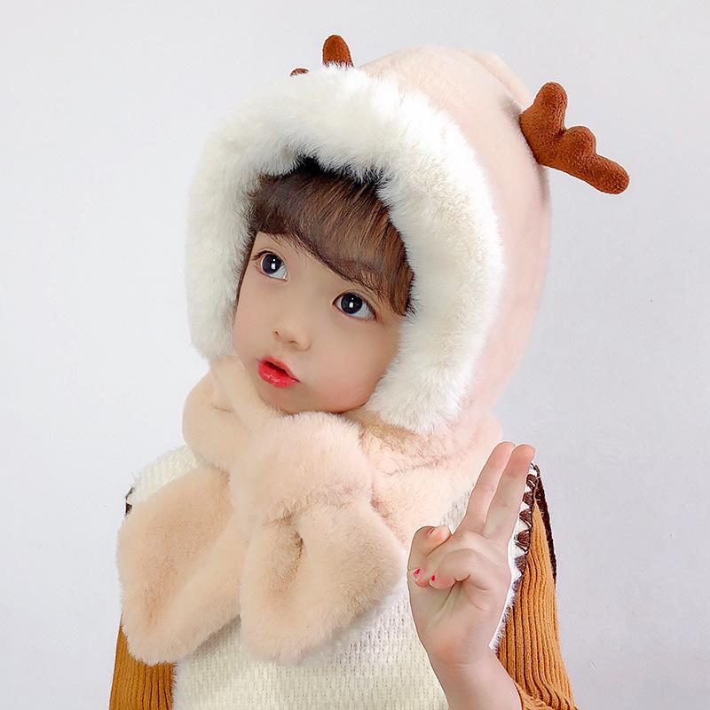 Winter Children's Hats Boys and Girls Scarves Integrated Plush Hats Cute Baby Antlers Fleece Ear Hats Tide