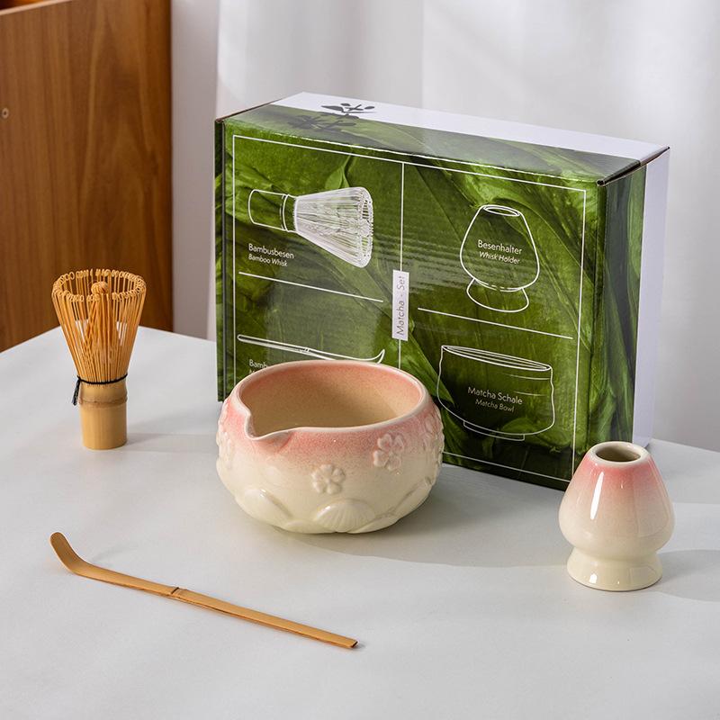 4-8pcs Cherry Blossom gradient pink Matcha Bowl with Matcha Whisk Set Japanese Tea Set Includes Matcha Bowl with Spout