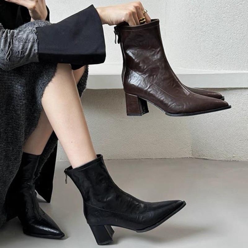 Vintage French Style Women's High Heel Boots Simple Pointed Toe Zip Up Fleece Lined Cotton Ankle Boots For Autumn/Winter