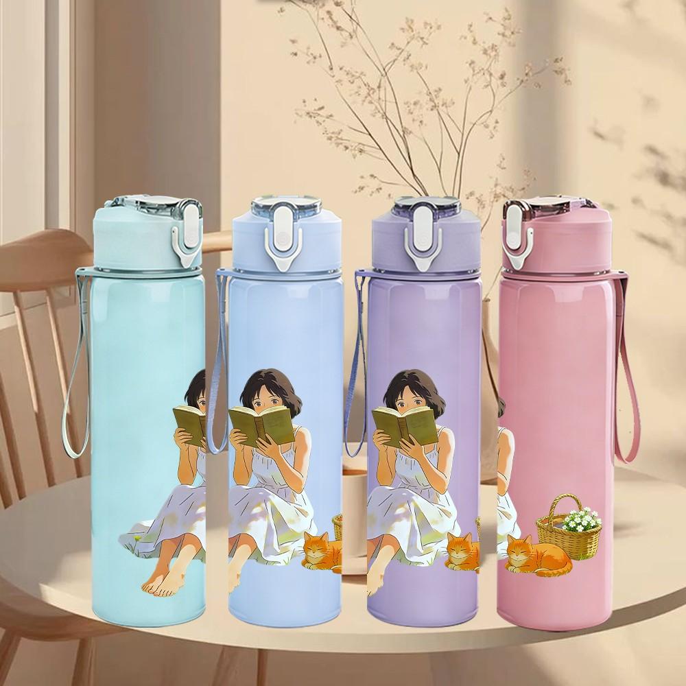 1PC Little Girl Fruit Basket Watercolor Print 750ml Color Plastic Sports Water Bottle Leakproof Flip Straw Lid Suitable for Sports Office Home Use