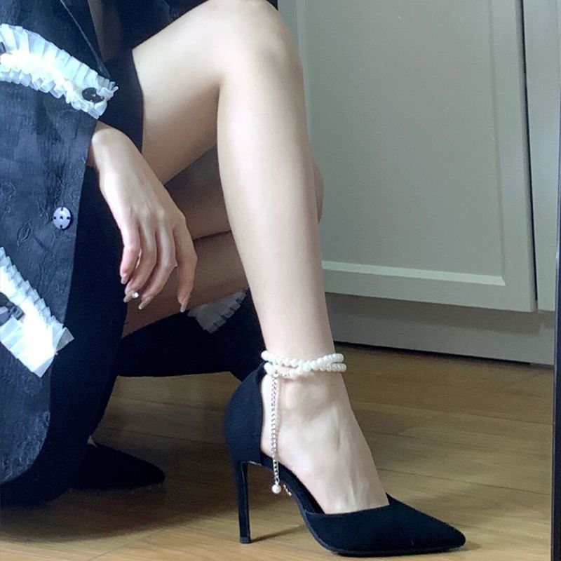 One-word sandals fairy style 2025 spring and autumn new pearl pointed thin heel high heels French temperament single shoes