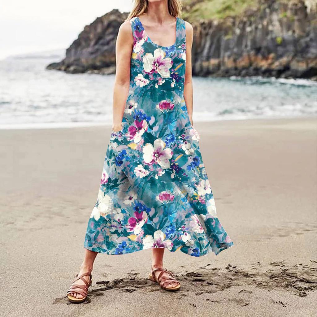 Fashion Summer Casual Comfortable Flower Print Sleeveless Cotton With Pocket Beach Dress For Women