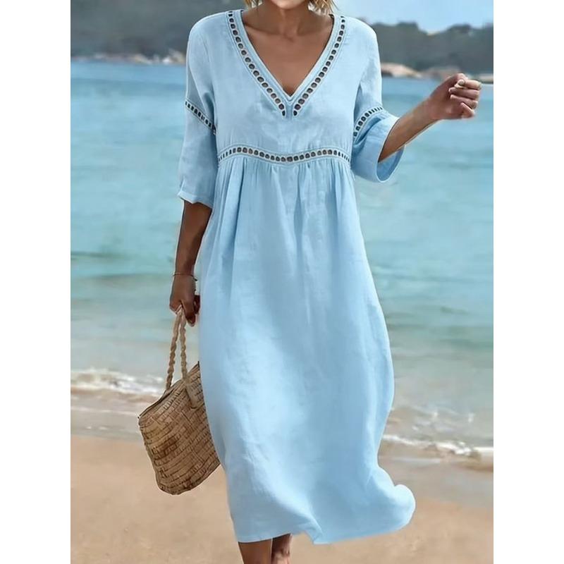 VEZFAA Women's Fashion Summer Spring Solid Color Print 1/2 Sleeves V-Neck Loose Waistline Casual Dresses