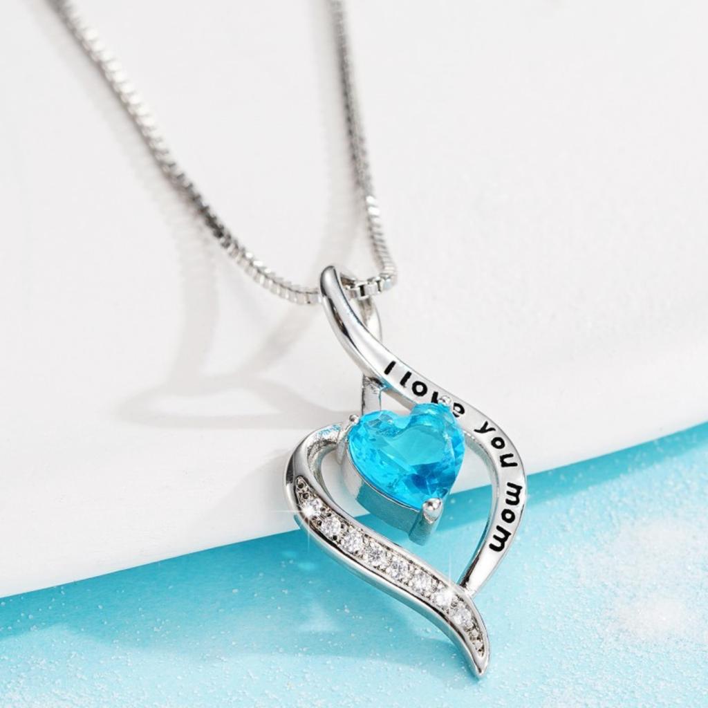 I Love You Mom Engraved Heart Pendant Necklace with Blue Center Stone and Sparkling Accent Sentimental Mother Jewelry for Women