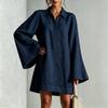 Women's Casual Color Loose Fit Long Sleeve Dress with Lapel Collar and Flared Sleeves